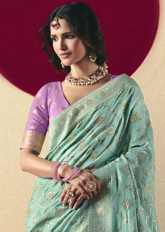 Aqua Green Dola Silk Banarasi Saree with Lavender Blouse