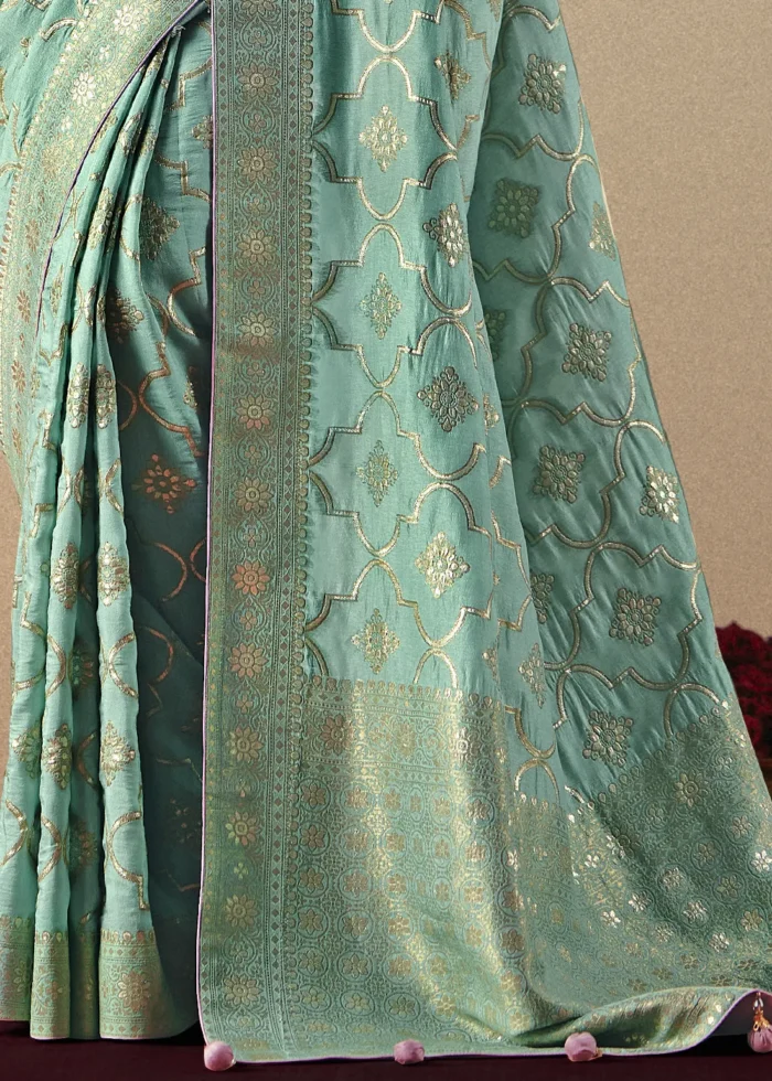 Aqua Green Dola Silk Banarasi Saree with Lavender Blouse