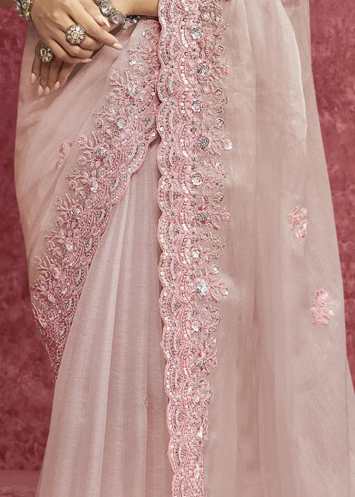 Baby Pink Embroidered Dola Silk Saree with Stone Work