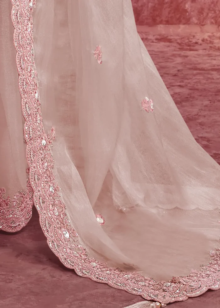 Baby Pink Embroidered Dola Silk Saree with Stone Work