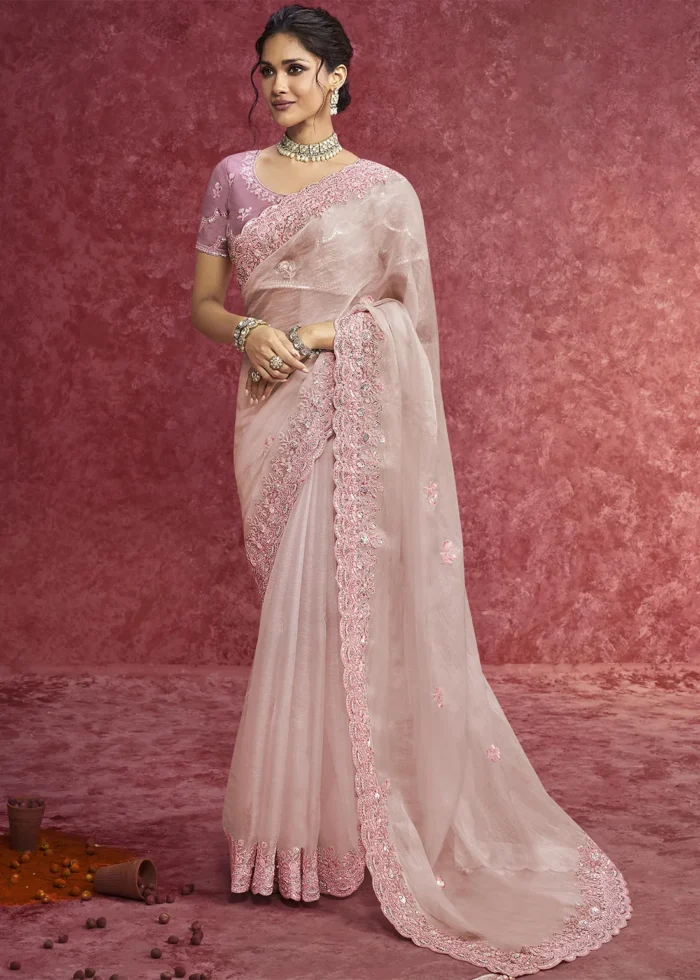 Baby Pink Embroidered Dola Silk Saree with Stone Work