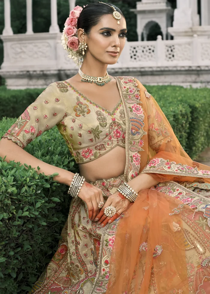 Beige Silk Bridal Lehenga with Multicolor Embroidery