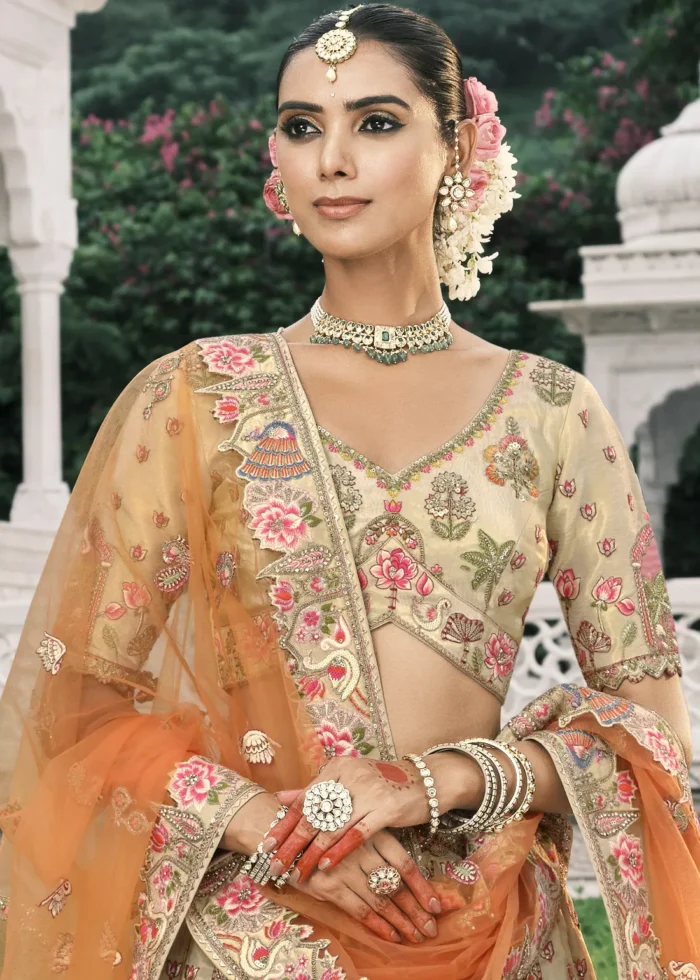 Beige Silk Bridal Lehenga with Multicolor Embroidery