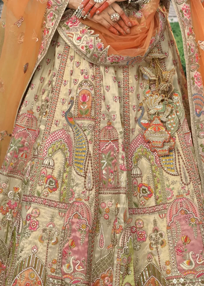Beige Silk Bridal Lehenga with Multicolor Embroidery