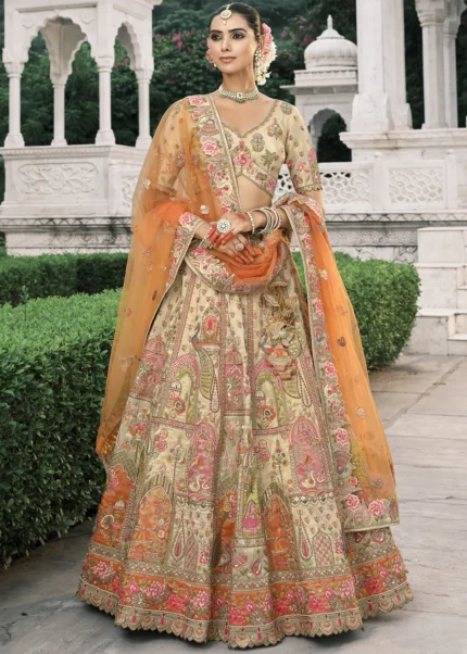 Beige Silk Bridal Lehenga with Multicolor Embroidery