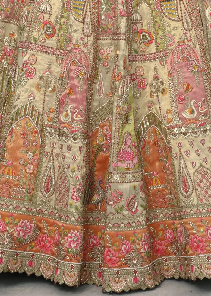 Beige Silk Bridal Lehenga with Multicolor Embroidery