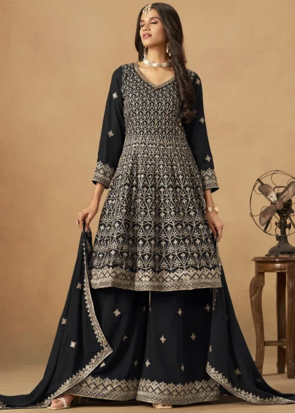 Black Georgette Palazzo Suit with Embroidery Work
