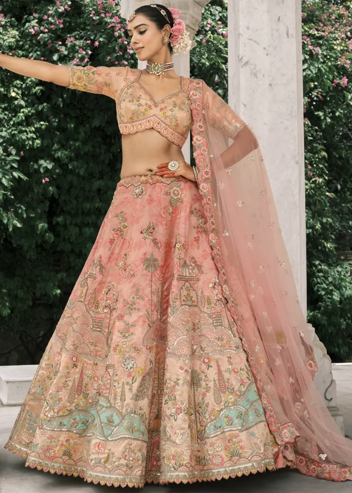 Blush Peach Silk Bridal Lehenga with Heavy Embroidery