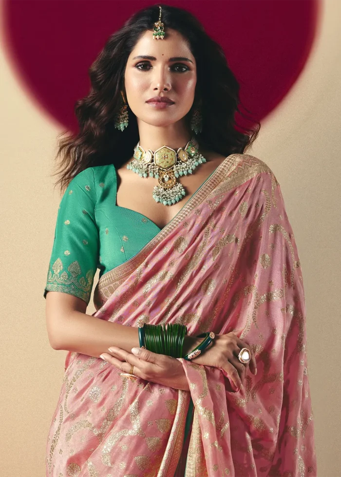 Blush Pink Dola Silk Banarasi Saree with Teal Blouse