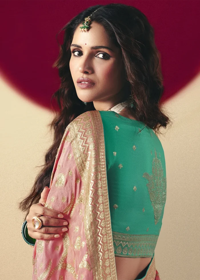 Blush Pink Dola Silk Banarasi Saree with Teal Blouse