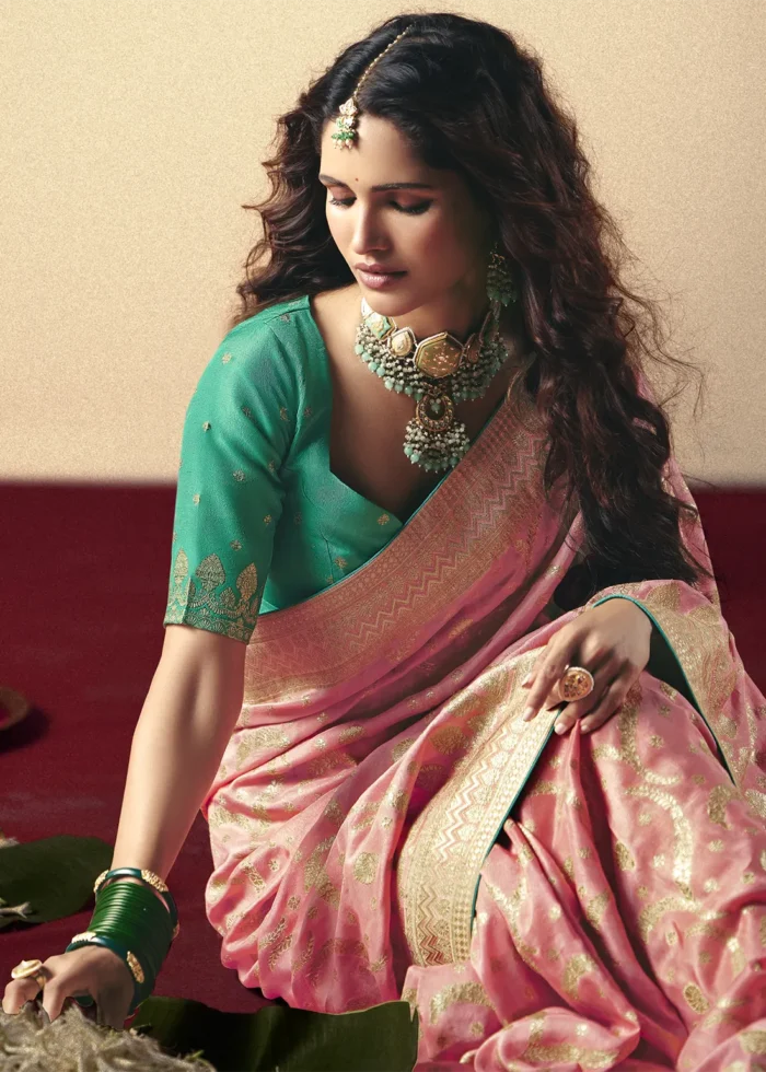 Blush Pink Dola Silk Banarasi Saree with Teal Blouse
