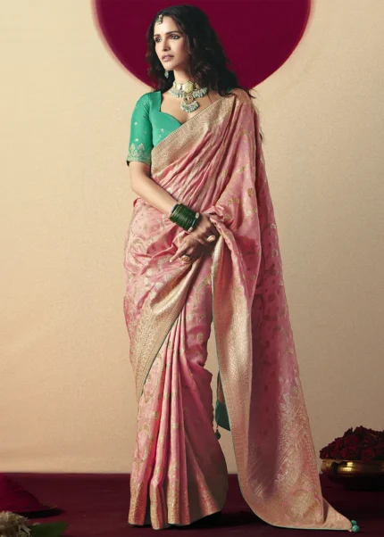 Blush Pink Dola Silk Banarasi Saree with Teal Blouse
