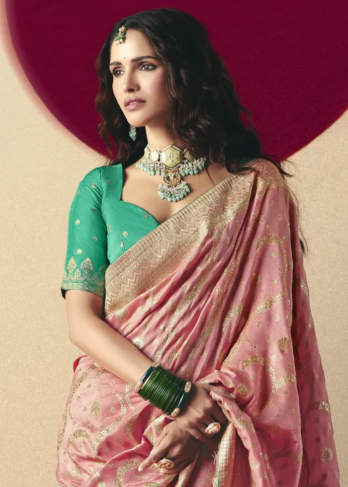 Blush Pink Dola Silk Banarasi Saree with Teal Blouse