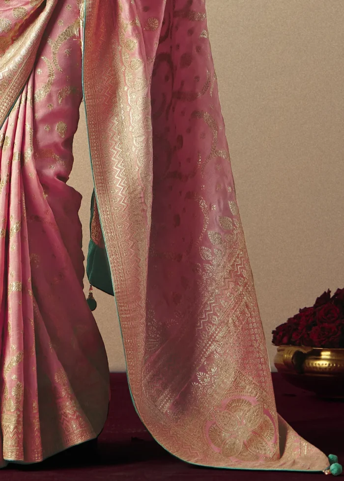 Blush Pink Dola Silk Banarasi Saree with Teal Blouse