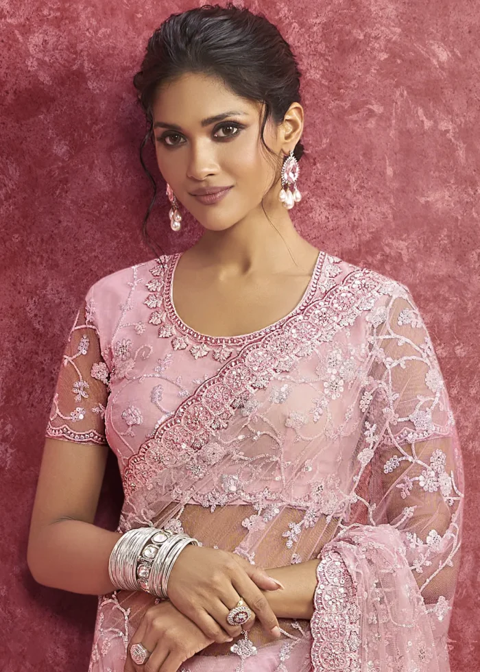 Blush Pink Embroidered Net Saree with Stone Work
