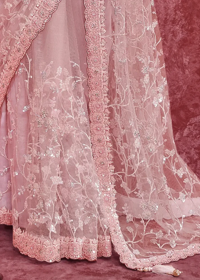 Blush Pink Embroidered Net Saree with Stone Work