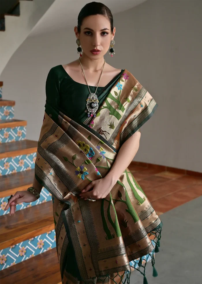 Bottle Green Paithani Silk Saree with Zari Woven Motifs