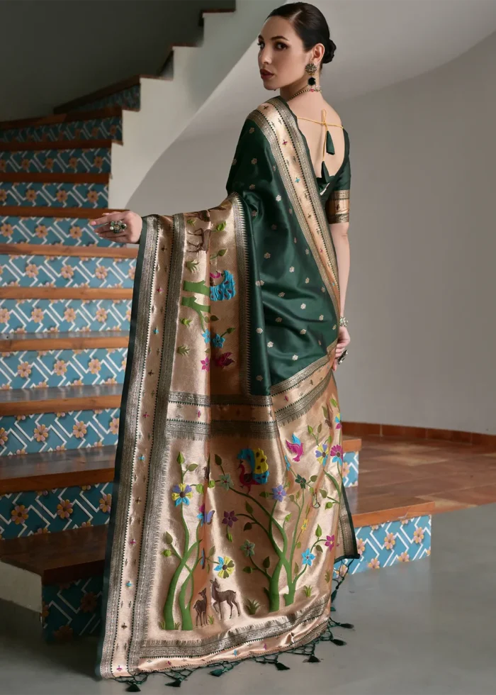 Bottle Green Paithani Silk Saree with Zari Woven Motifs