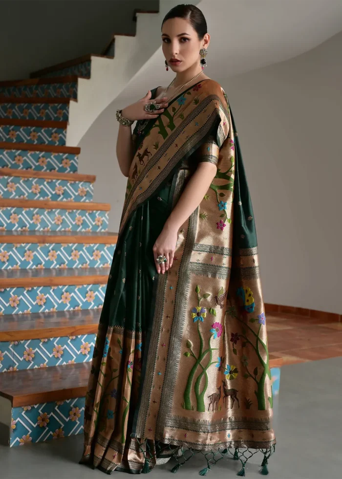 Bottle Green Paithani Silk Saree with Zari Woven Motifs