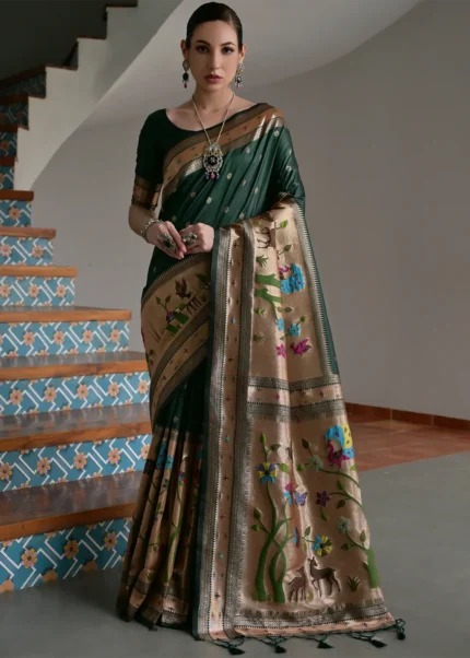 Bottle Green Paithani Silk Saree with Zari Woven Motifs