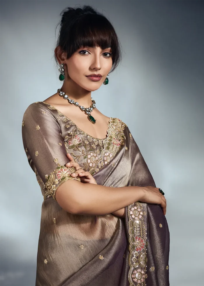Brown Embroidered Organza Saree for Wedding