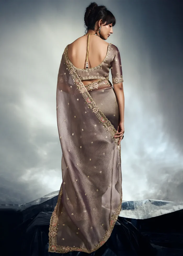 Brown Embroidered Organza Saree for Wedding