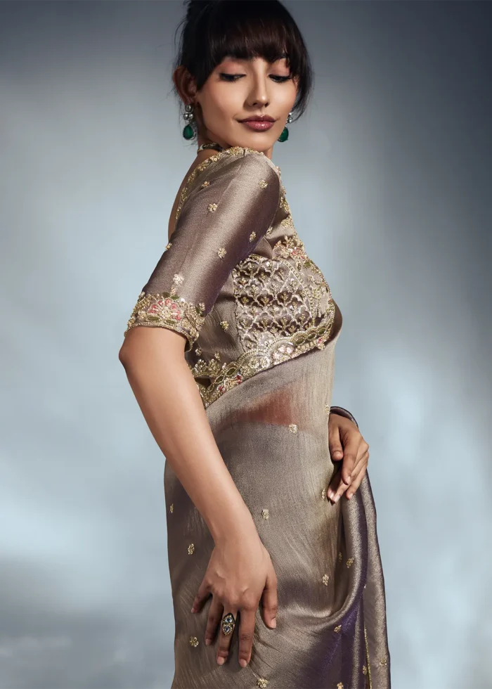 Brown Embroidered Organza Saree for Wedding