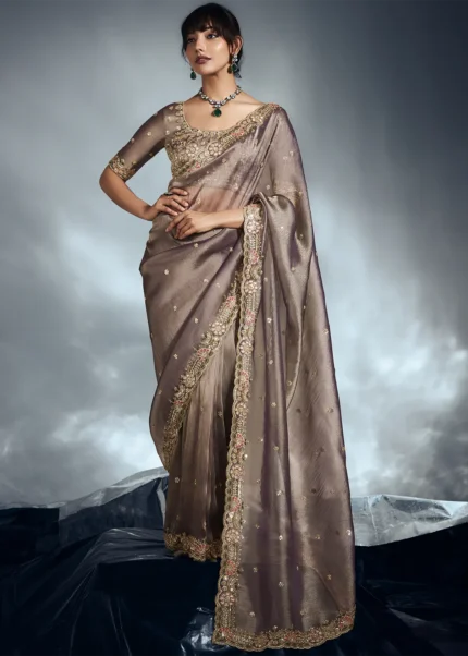 Brown Embroidered Organza Saree for Wedding