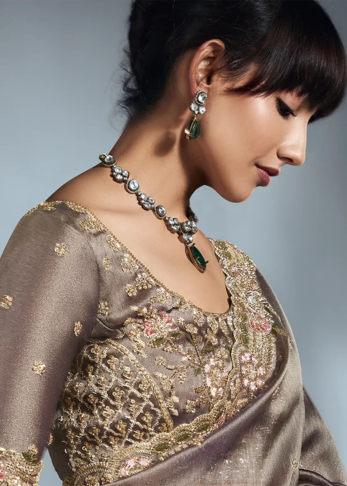 Brown Embroidered Organza Saree for Wedding