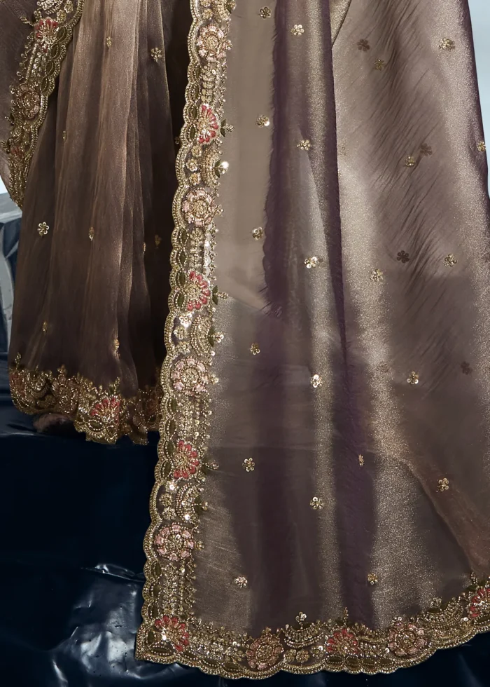 Brown Embroidered Organza Saree for Wedding