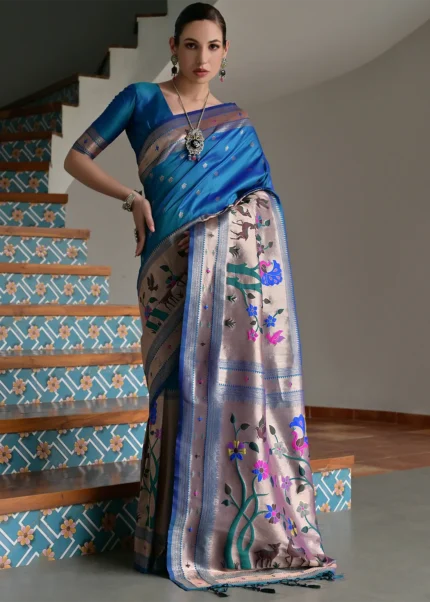 Cerulean Blue Paithani Silk Saree