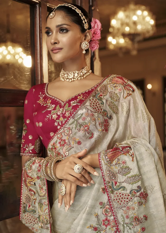 Cream Banarasi Silk Saree with Heritage Motifs Embroidery
