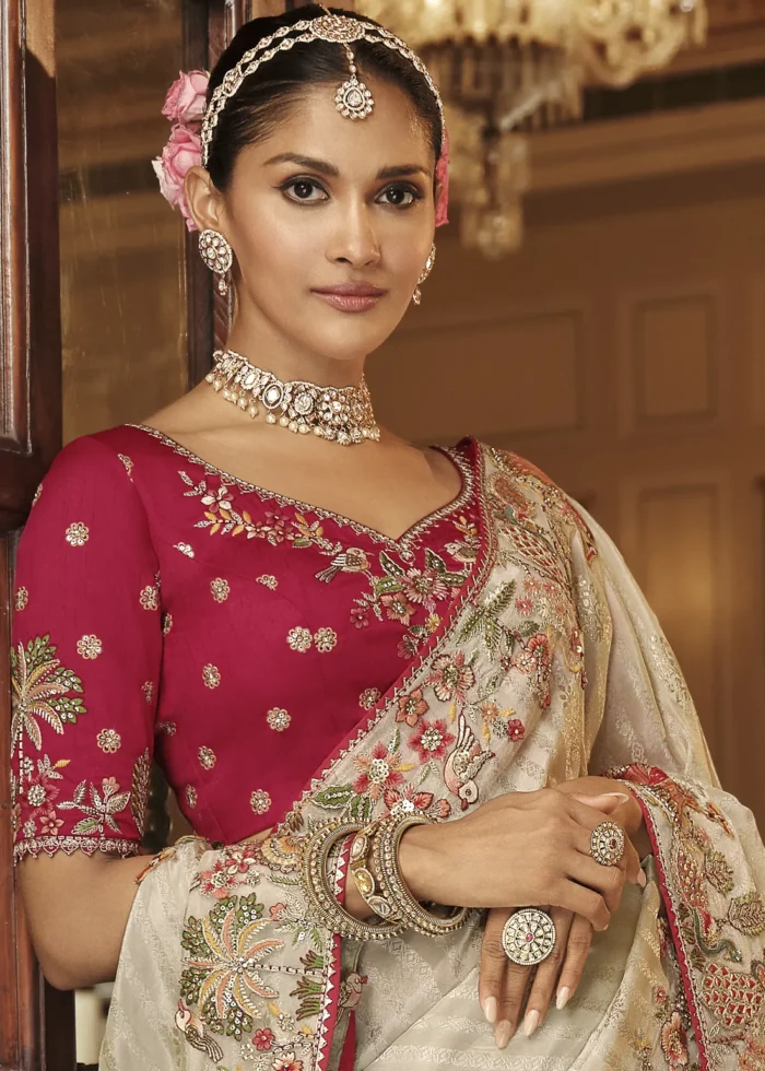 Cream Banarasi Silk Saree with Heritage Motifs Embroidery