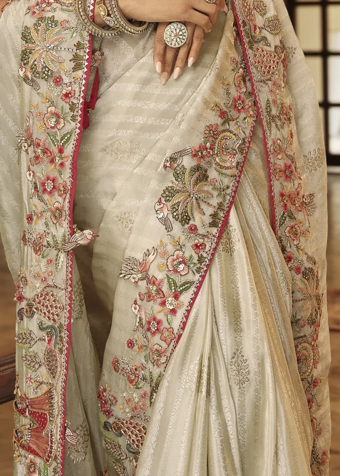 Cream Banarasi Silk Saree with Heritage Motifs Embroidery