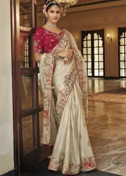Cream Banarasi Silk Saree with Heritage Motifs Embroidery