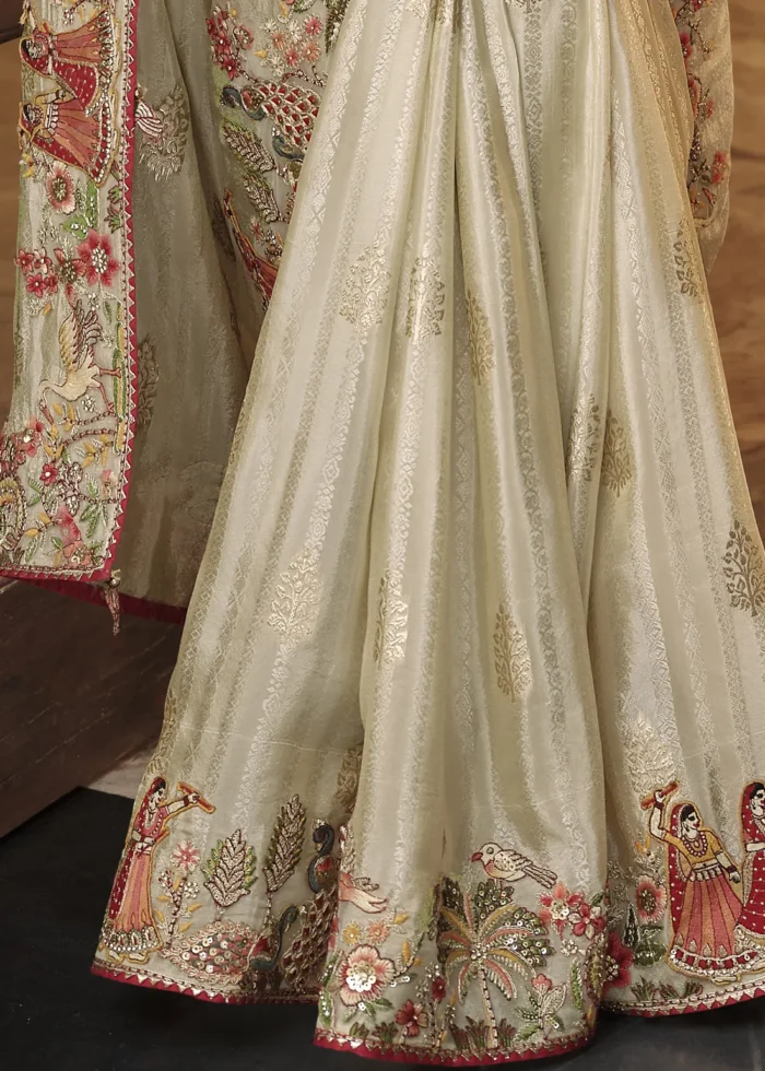 Cream Banarasi Silk Saree with Heritage Motifs Embroidery