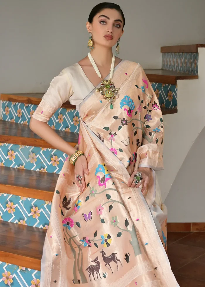 Cream Paithani Silk Saree with Zari Woven Motifs