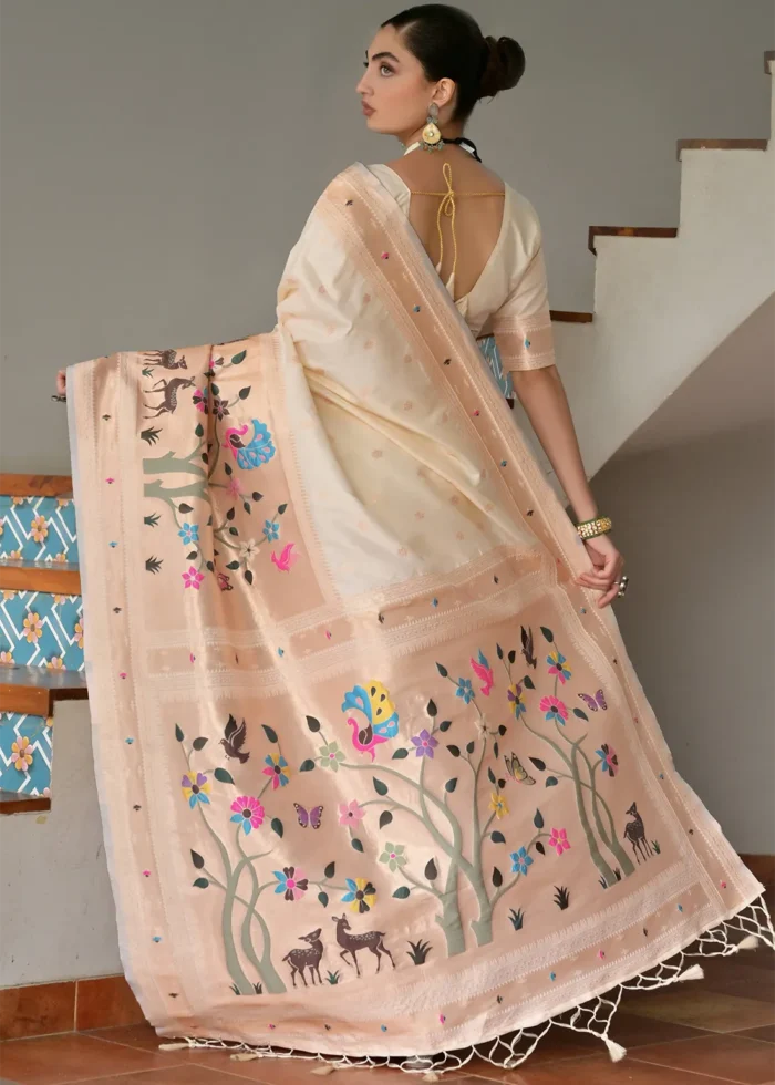 Cream Paithani Silk Saree with Zari Woven Motifs