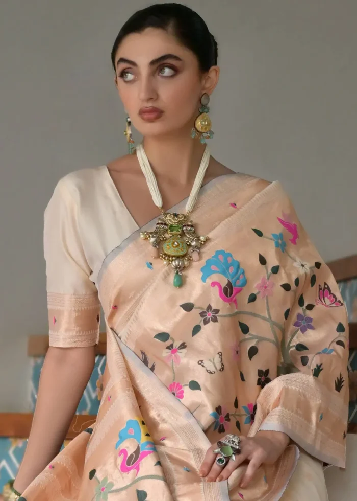 Cream Paithani Silk Saree with Zari Woven Motifs
