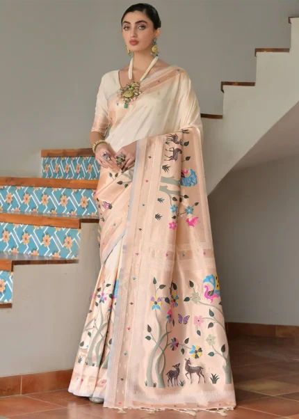 Cream Paithani Silk Saree with Zari Woven Motifs