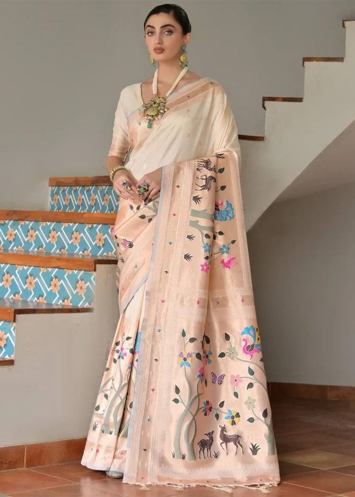 Cream Paithani Silk Saree with Zari Woven Motifs