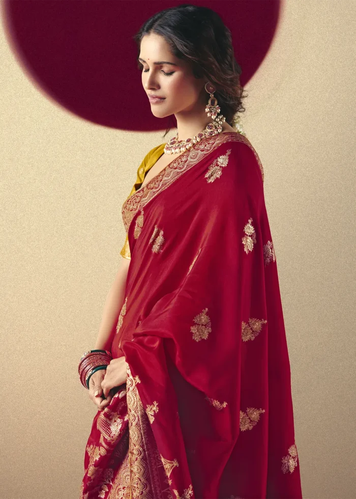 Crimson Red Dola Silk Banarasi Saree with Yellow Blouse