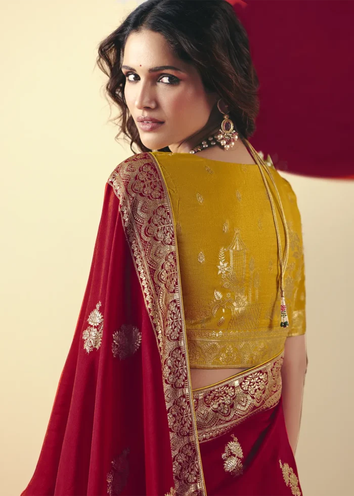 Crimson Red Dola Silk Banarasi Saree with Yellow Blouse