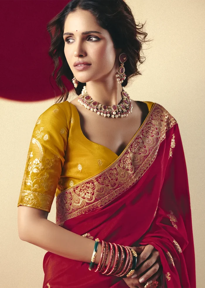 Crimson Red Dola Silk Banarasi Saree with Yellow Blouse