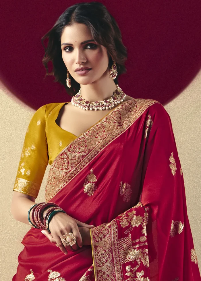 Crimson Red Dola Silk Banarasi Saree with Yellow Blouse