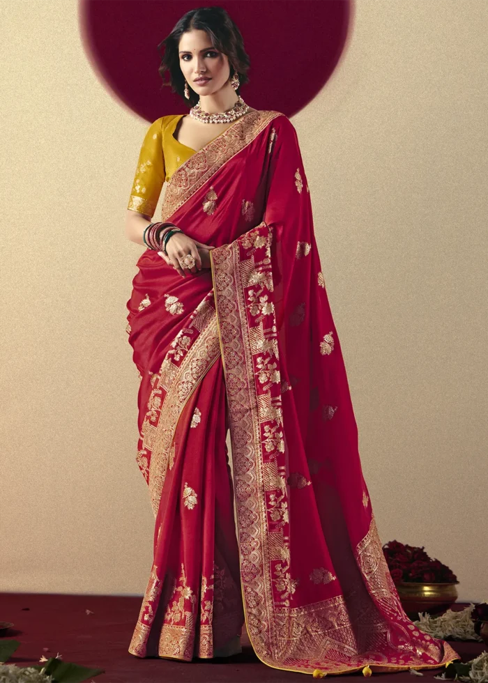 Crimson Red Dola Silk Banarasi Saree with Yellow Blouse