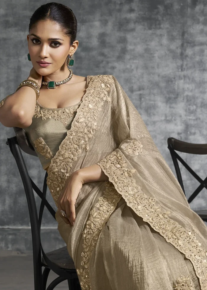 Embroidered Beige Tissue Silk Saree