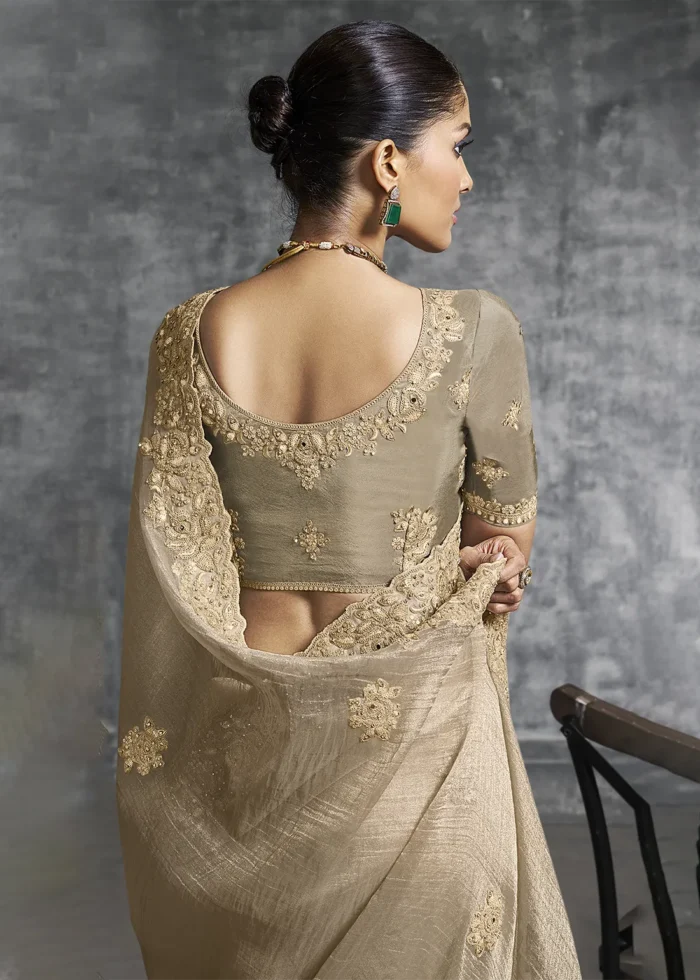 Embroidered Beige Tissue Silk Saree
