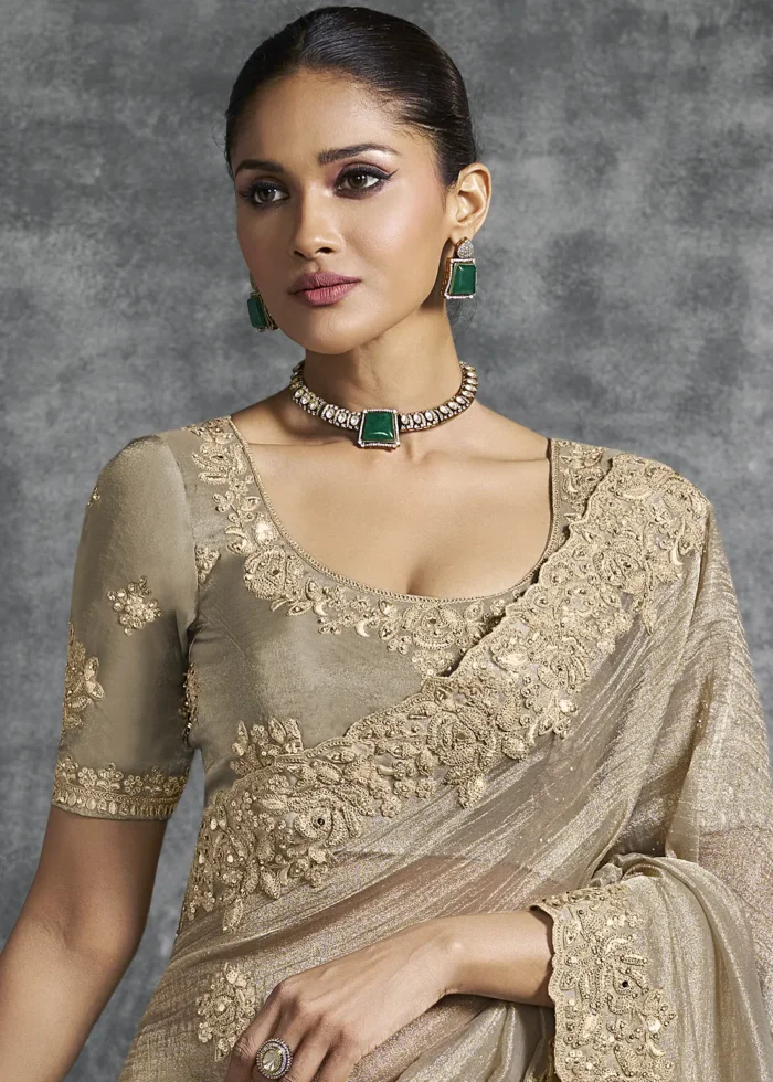 Embroidered Beige Tissue Silk Saree