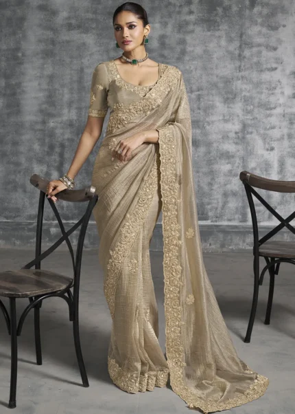 Embroidered Beige Tissue Silk Saree